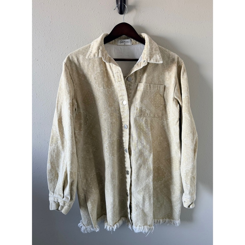 The Post S Cream Bandana Paisley Denim Shacket Raw Hem Western Boho